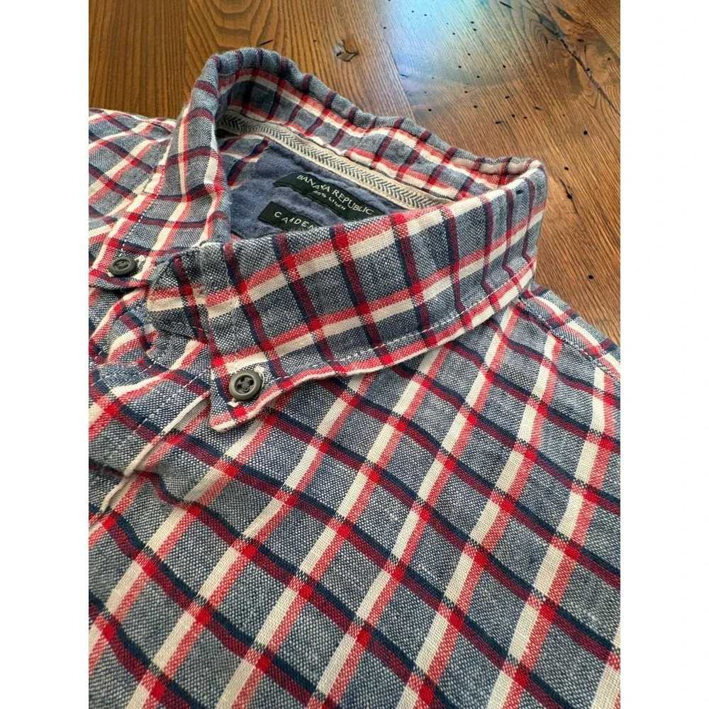 Banana Republic Men's Shirt XL 100% Linen Short Sleeve Camden Fit Red/white/blue